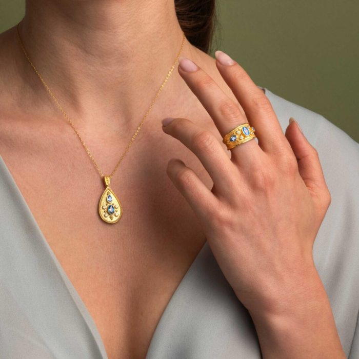 Byzantine Pendant with Blue Zircon - 925 Sterling Silver and 18K Gold Plating - Image 5