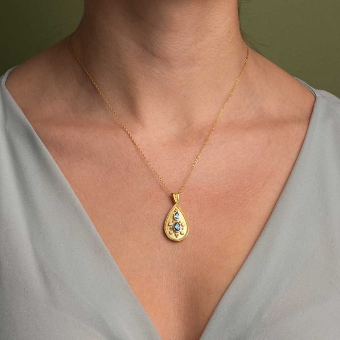 Byzantine Pendant with Blue Zircon - 925 Sterling Silver and 18K Gold Plating - Image 2