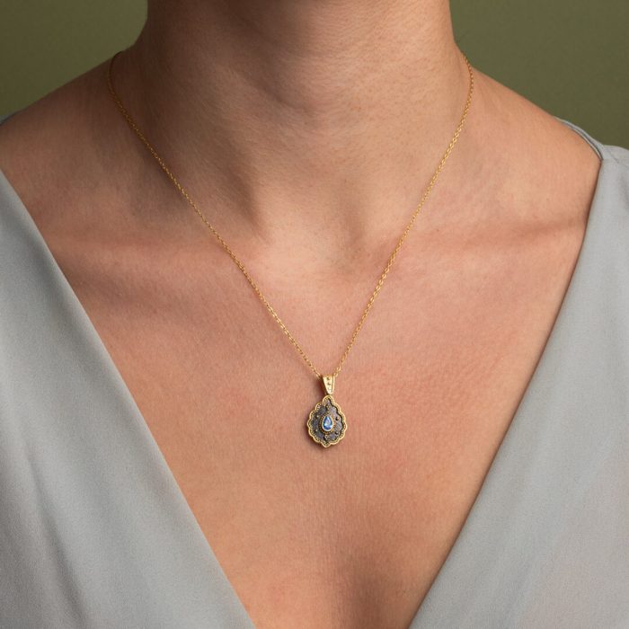 Byzantine Flower Pendant with Blue Zircon Stone - Image 2