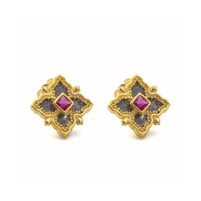 Byzantine Stud Earrings with Zircon - 925 Sterling Silver and 18K Gold Plating