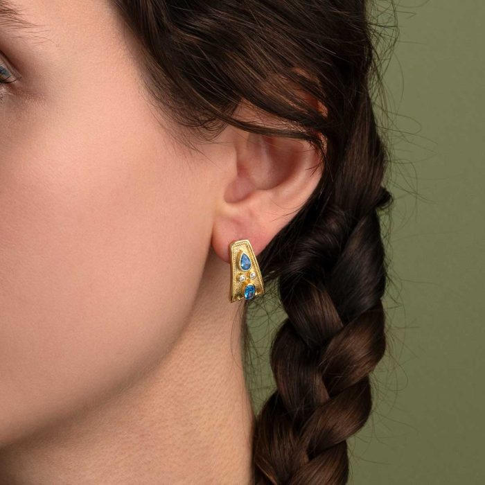 Byzantine Earrings with Blue Zircon - 925 Sterling Silver and 18K Gold Plating - Image 2