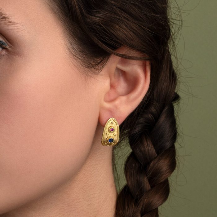 Byzantine Stud Earrings with Zircon - Sterling Silver and 18K Gold Plating - Image 2