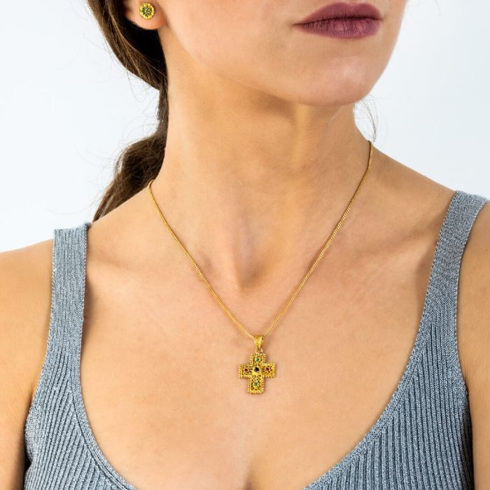 18K Gold Byzantine Filigree Cross with rubies emeralds and sapphires - Image 4