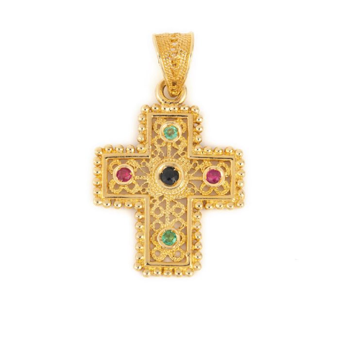 18K Gold Byzantine Filigree Cross with rubies emeralds and sapphires - Image 1