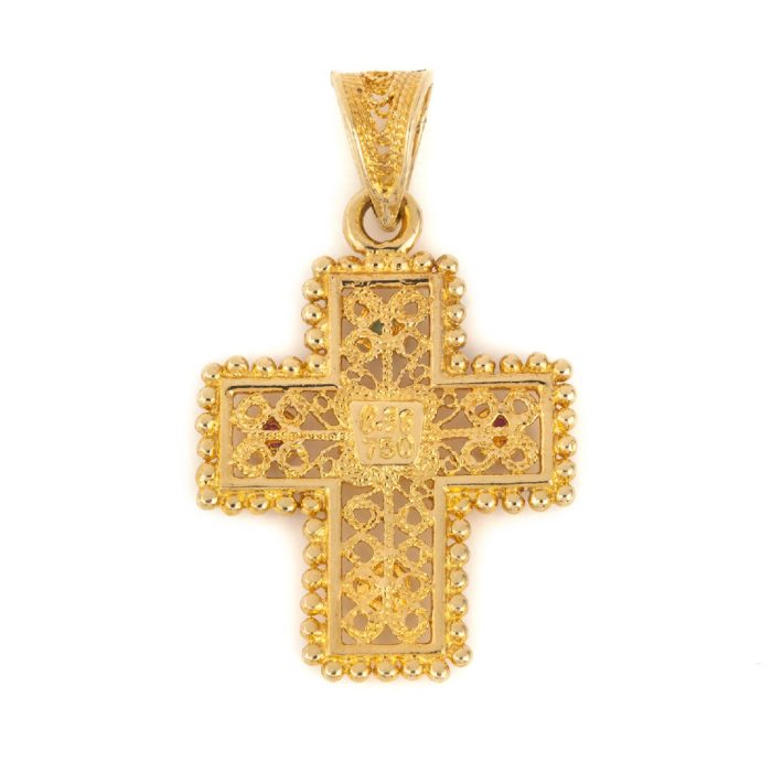 18K Gold Byzantine Filigree Cross with rubies emeralds and sapphires - Image 3