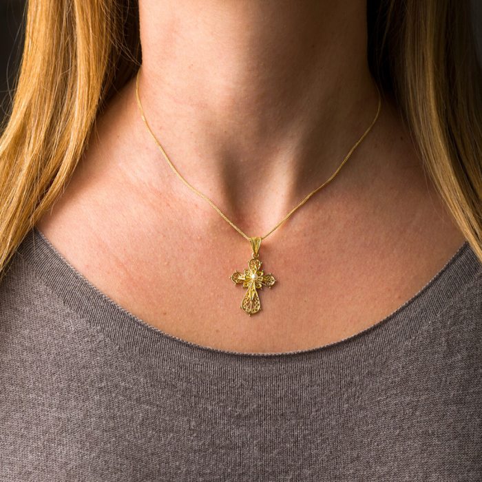 Byzantine Filigree Cross in 18K Gold with Pearl - Image 2