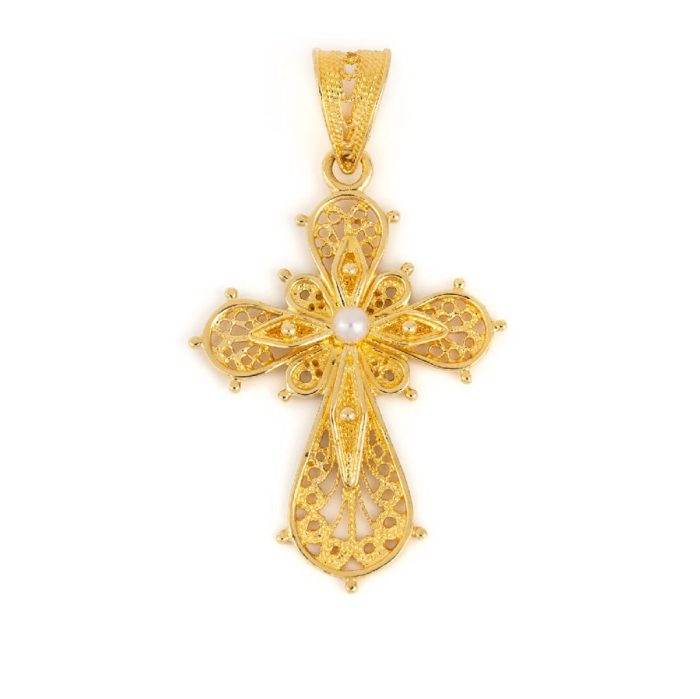 Byzantine Filigree Cross in 18K Gold with Pearl - Image 1