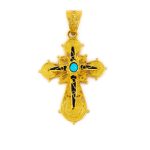 18K Gold Filigree Cross with turquoise and red enamel - Image 3