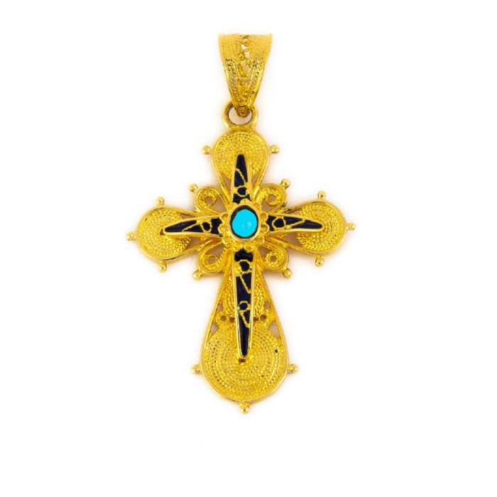 18K Gold Filigree Cross with turquoise and red enamel - Image 3