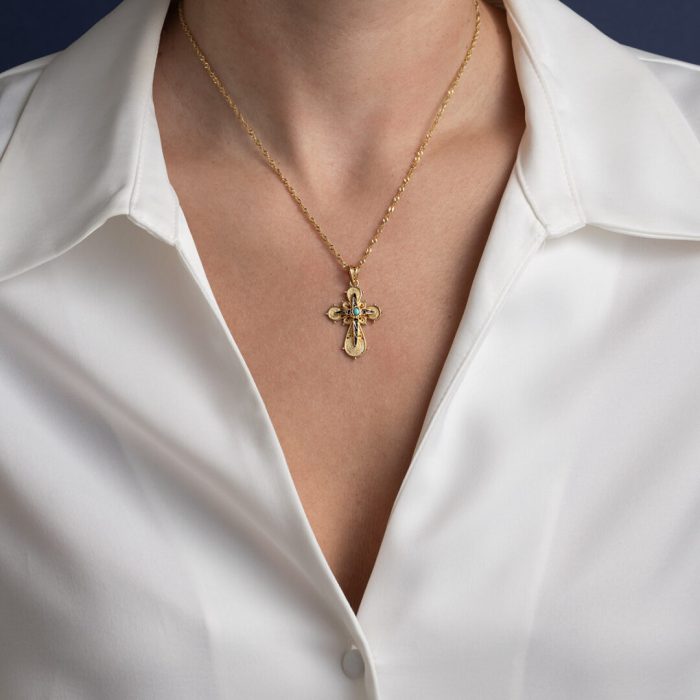 18K Gold Filigree Cross with turquoise and red enamel - Image 5