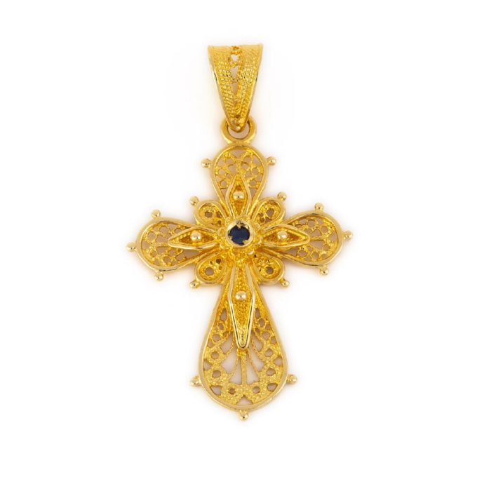 18K Gold Filigree Sapphire Cross - Image 1