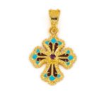 18K Gold Byzantine Filigree Cross with Turquoise Enamel