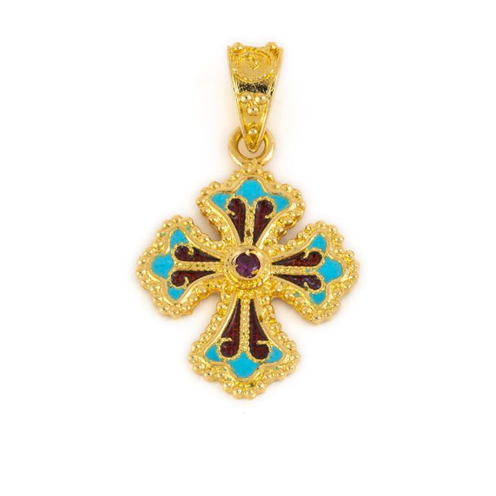 18K Gold Byzantine Filigree Cross with Turquoise Enamel - Image 1