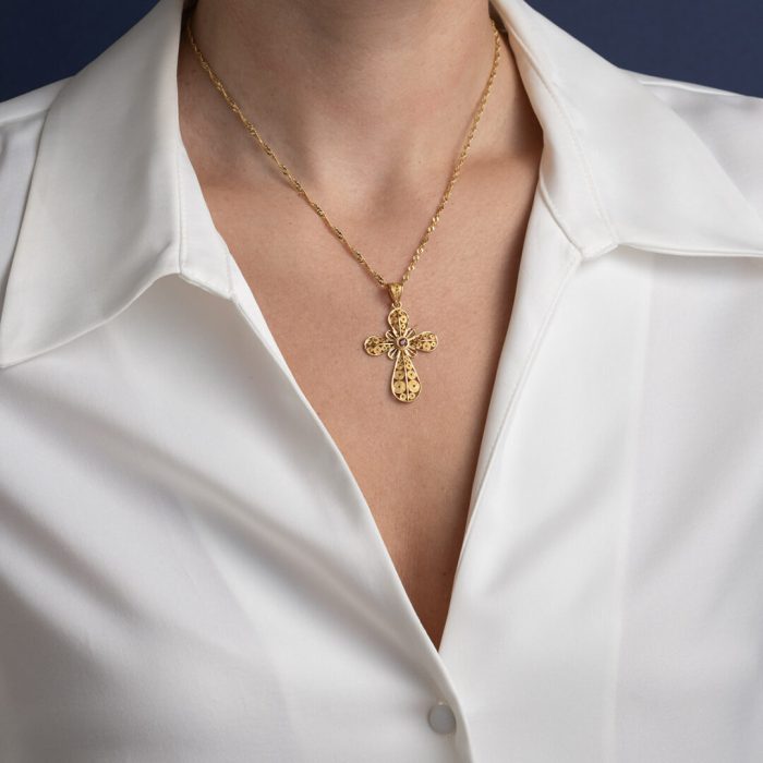 Byzantine Filigree Ruby Cross in 18K Gold - Image 2