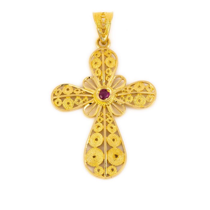 Byzantine Filigree Ruby Cross in 18K Gold - Image 1