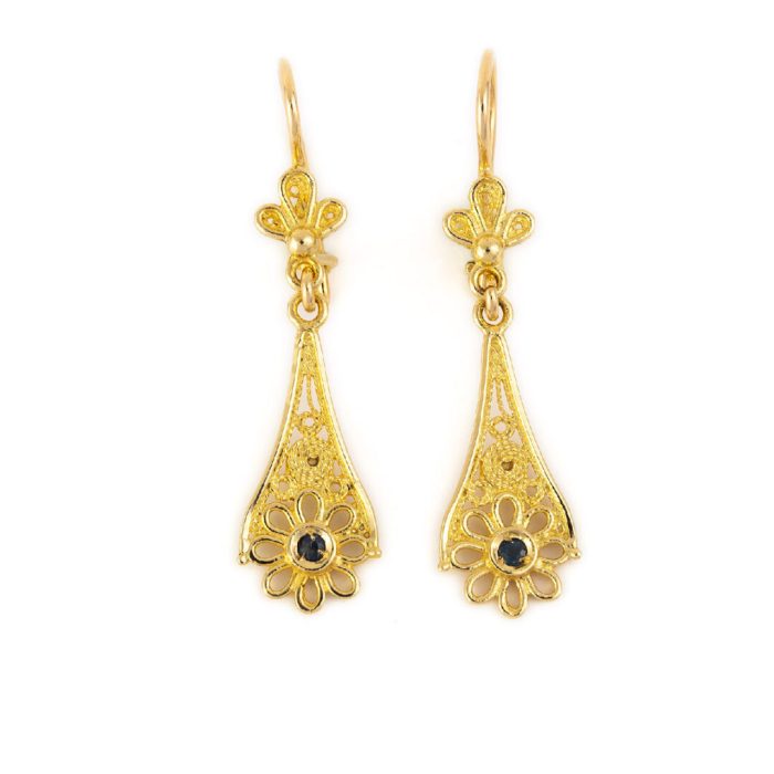 18K Gold Byzantine Filigree Sapphire Earrings - Image 1