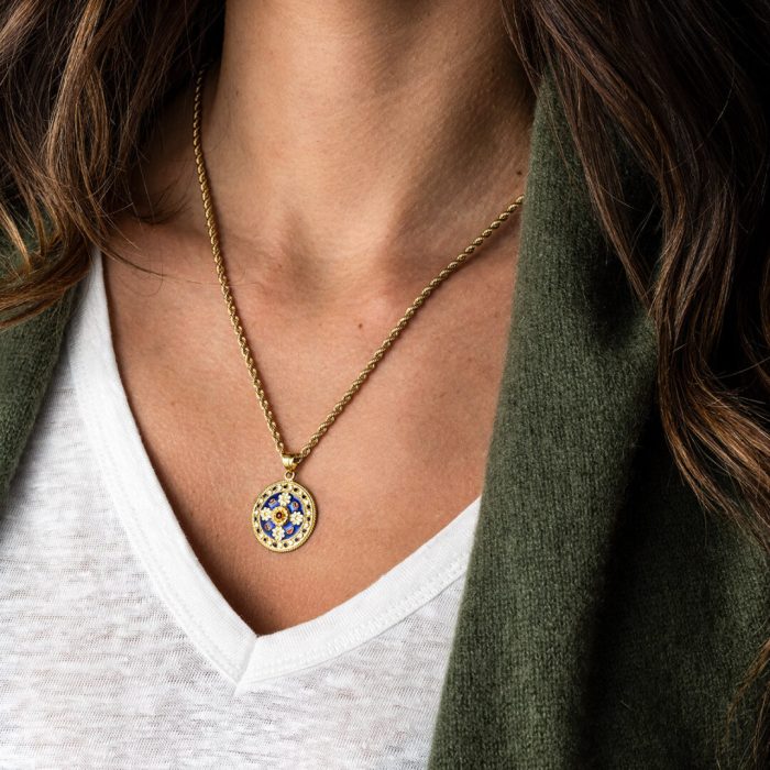 18k Gold Blue Ancient Greek Floral Pendant - Image 2