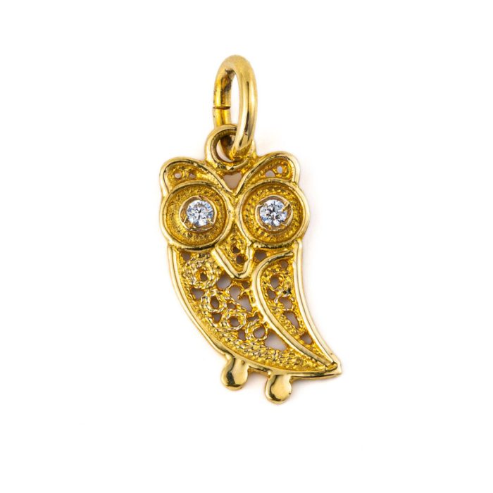 Wisdom Owl Filigree Pendant - 14K Gold with Zircon - Image 1