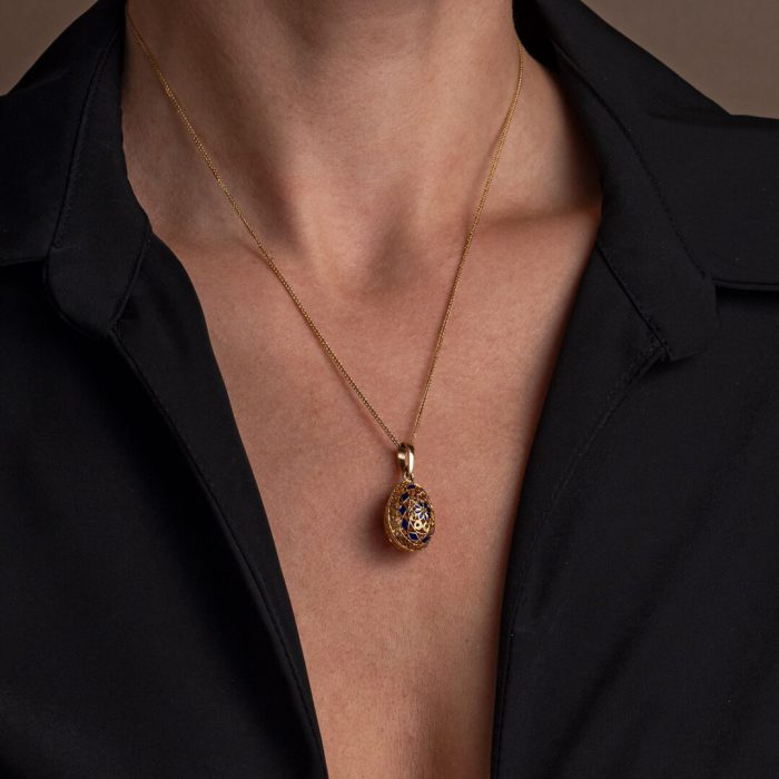 Filigree Egg Pendant with Rosette Flower - 14k Gold and Turquoise Enamel - Image 2