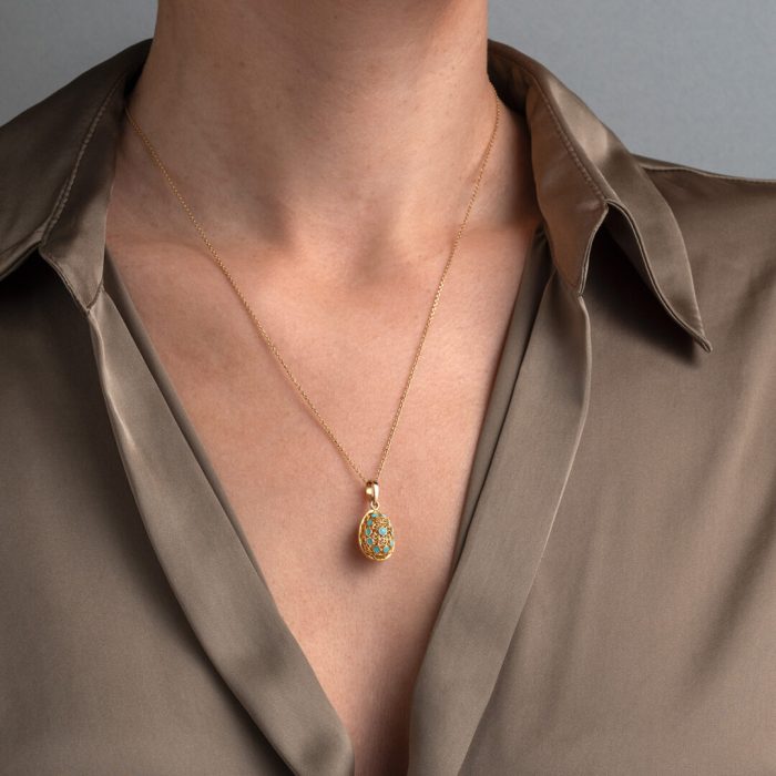 Filigree Egg Pendant - 14k Gold and Turquoise Enamel - Image 2