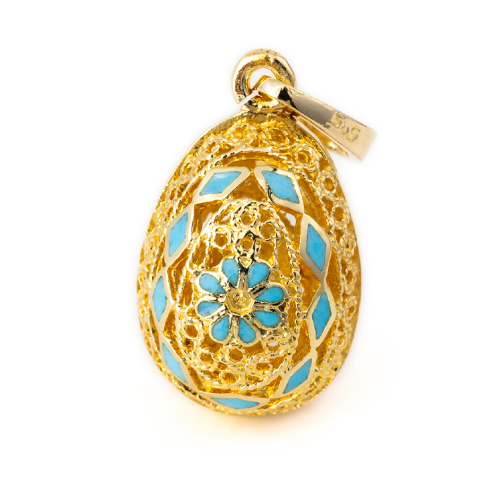 Filigree Egg Pendant with Rosette Flower - 14k Gold and Turquoise Enamel - Image 3