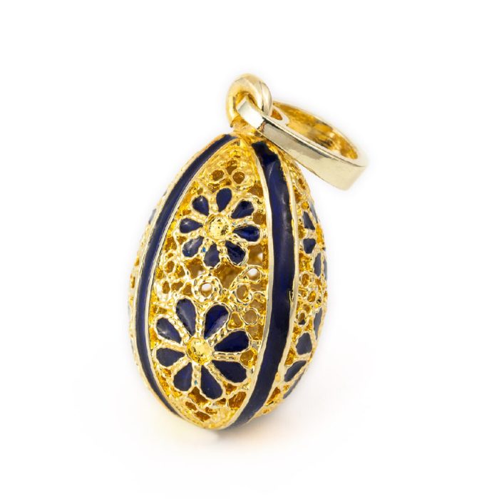 Filigree Egg Pendant with Flowers - 14k Gold and Blue Enamel - Image 2