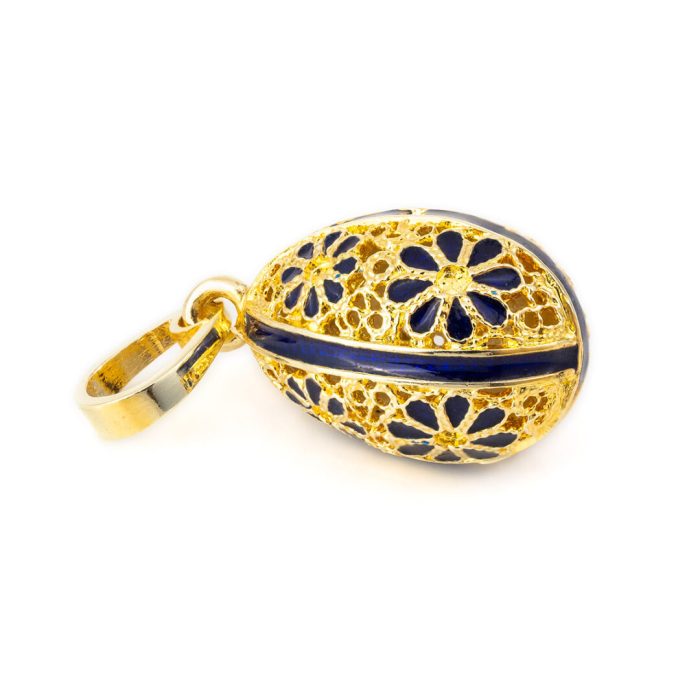 Filigree Egg Pendant with Flowers - 14k Gold and Blue Enamel - Image 1