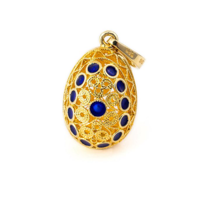 Filigree Egg Pendant - 14k Gold with Blue Enamel - Image 1