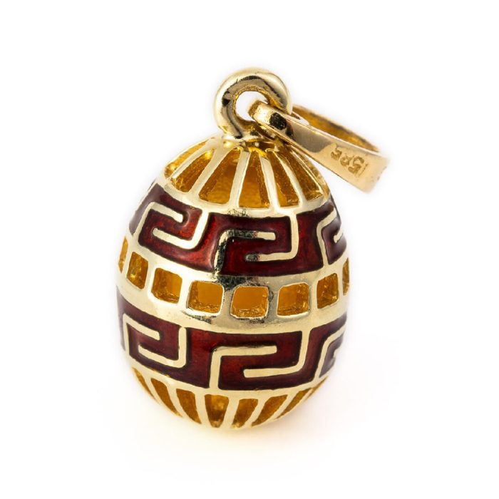 Meander Egg Pendant - 14k Gold and Red Enamel - Image 3