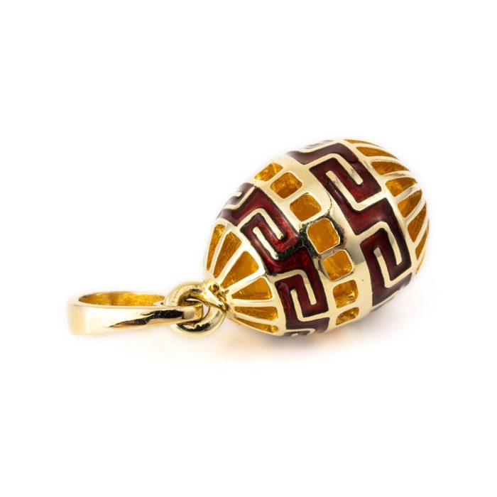 Meander Egg Pendant - 14k Gold and Red Enamel - Image 1