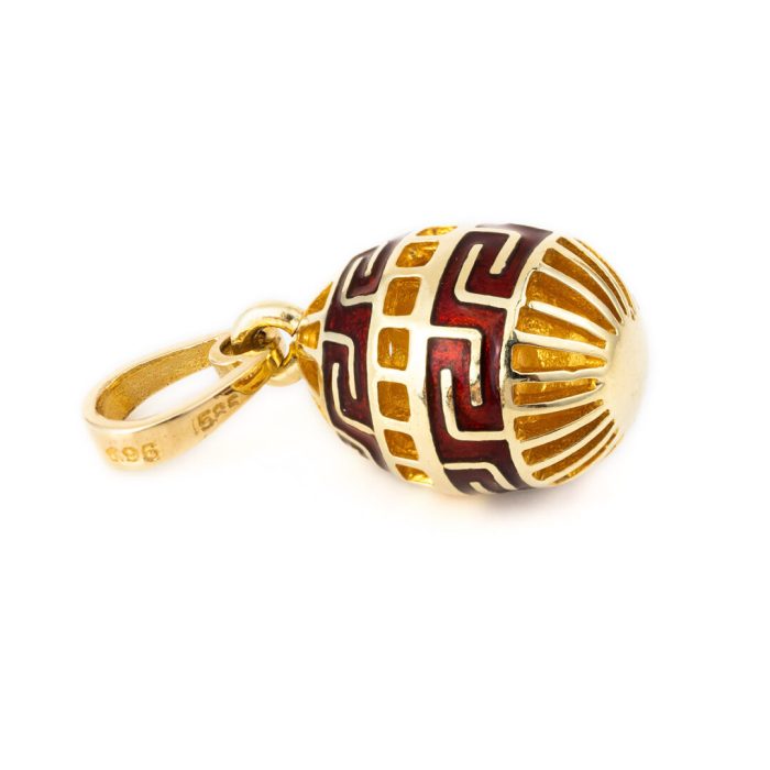 Meander Egg Pendant - 14k Gold and Red Enamel - Image 4