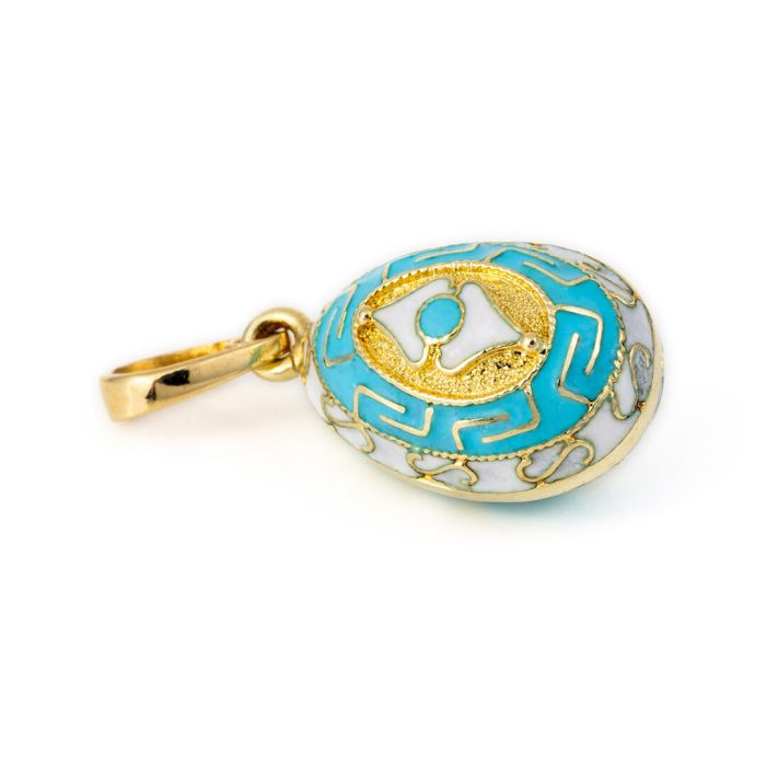 Meander Egg Pendant with Spear Motif - 14k Gold and Enamel - Image 1