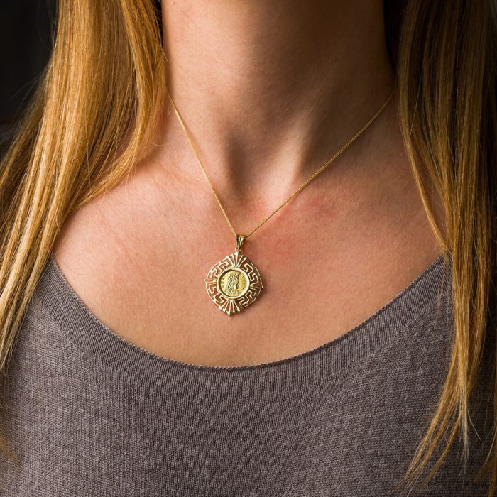 Goddess Athena and Owl Pendant with Greek Key - 14K Gold - Image 2