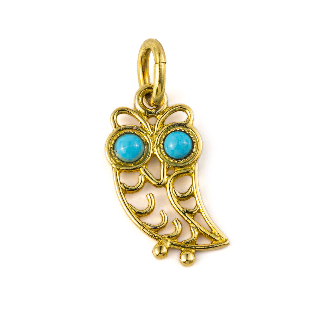 KA-P-02395039C Owl Pendant - 14K Gold with Turquoise Stone - Image 1