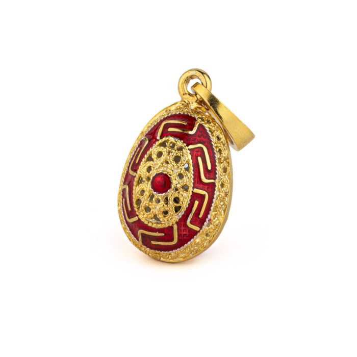 Greek Key Filigree Egg Pendant Necklace with Red Enamel – Sterling Silver Gold Plated - Image 1