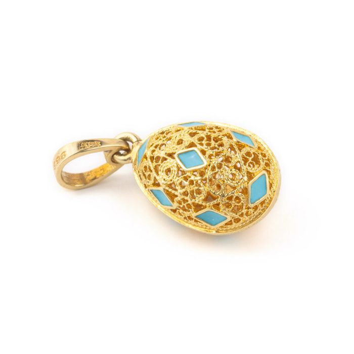 14k Gold Filigree Egg Pendant with Turquoise enamel - Image 1