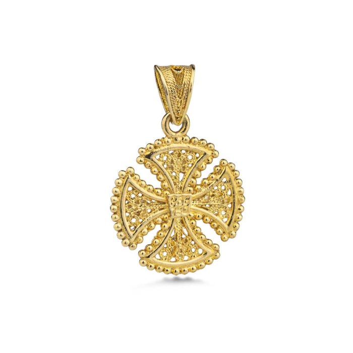 18k Gold Filigree Byzantine Cross With Ruby and Sapphire - Image 3