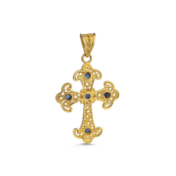 18k Gold Filigree Byzantine Cross With Sapphire - Image 3