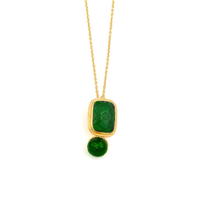 925 Sterling Silver and Gold Plated Necklace with geen Glass Engaving