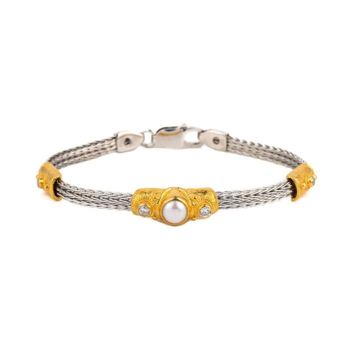 Βυζαντινό Βραχιόλι με Πέρλα και Swarovski – Επιχρυσωμένο Ασήμι 925 - Image 1