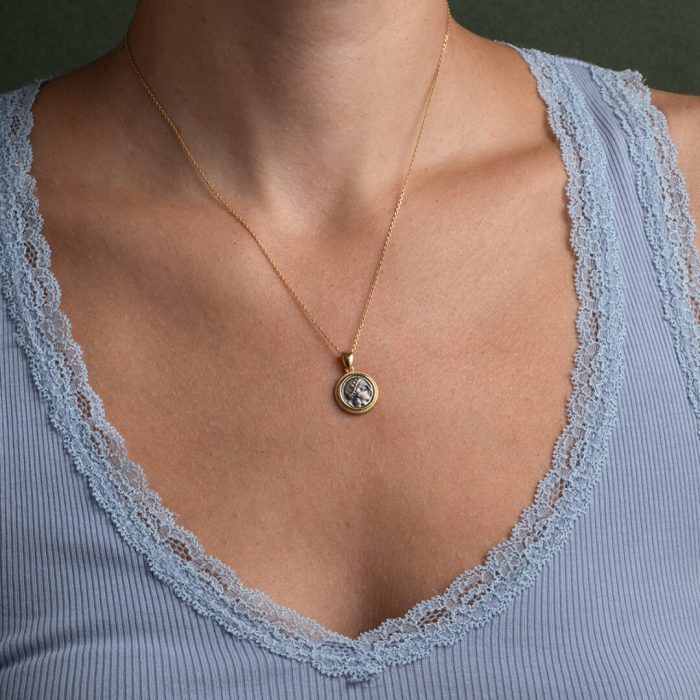 Goddess Athena Round Pendant - 14K Gold and Sterling Silver - Image 2