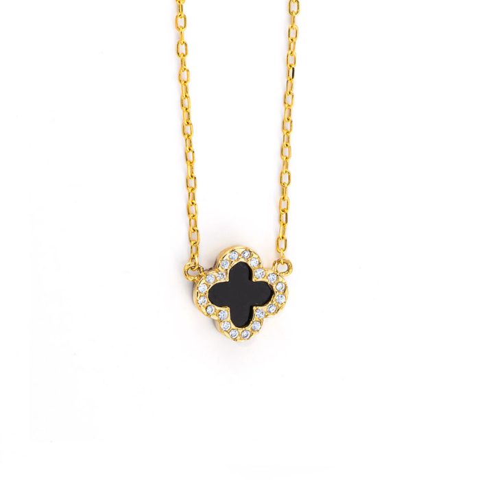 9K Gold Black Onyx Cross Necklace with White Zircons - Image 1