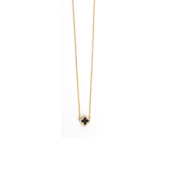 9K Gold Black Onyx Cross Necklace with White Zircons - Image 2