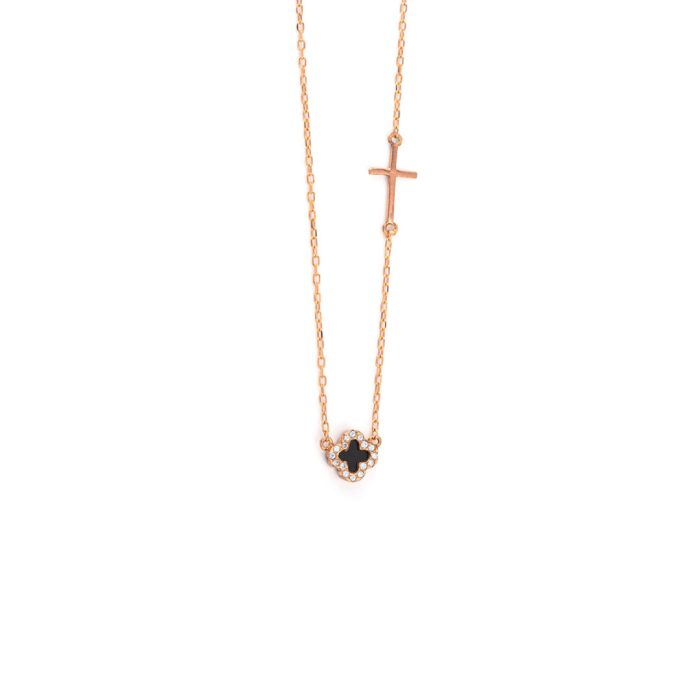 Black Onyx Cross Necklace - 14K Rose Gold - Image 1