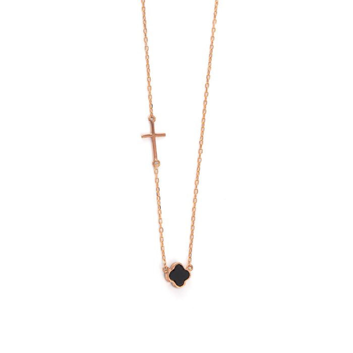 Black Onyx Cross Necklace - 14K Rose Gold - Image 2