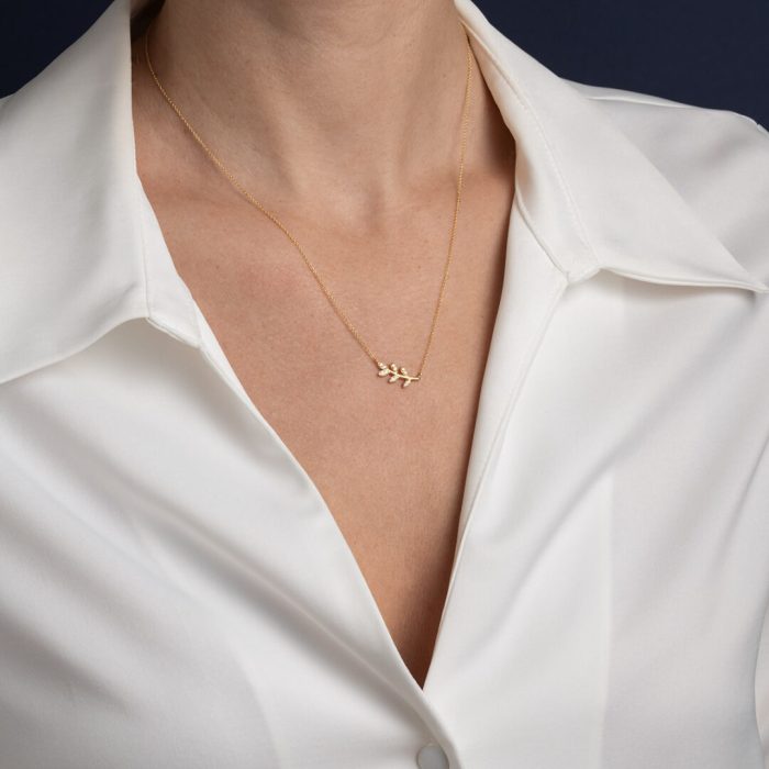 Olive Leaf Necklace with Zircon – 18K Solid Yellow Gold - Image 2