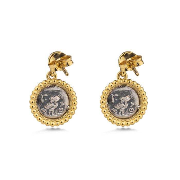 Goddess Athena Coin Drop Earrings - 14k Gold and Sterling Silver - Image 3