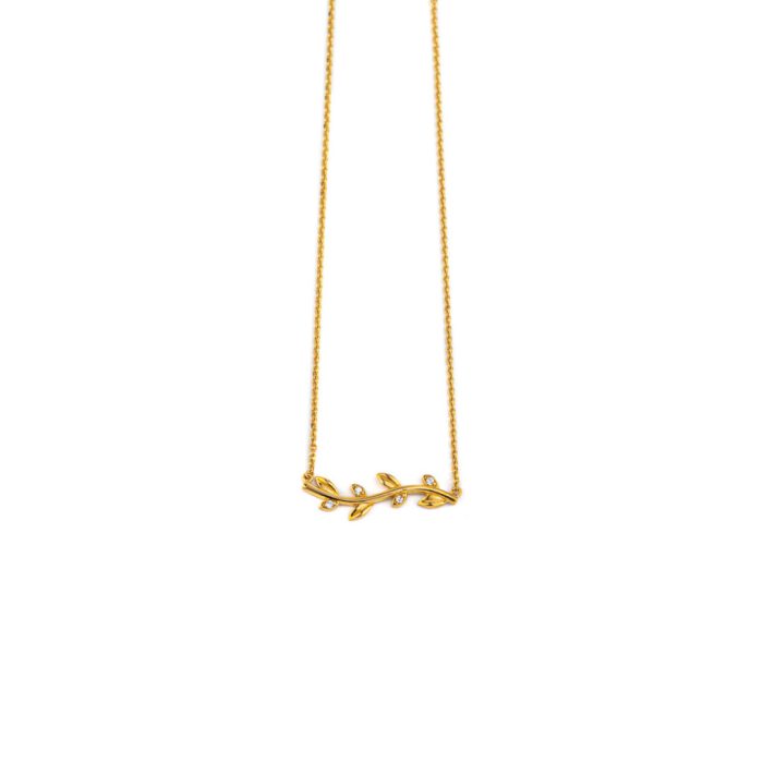 Leaf Necklace with Zircon - 14k Yellow Gold - Image 1