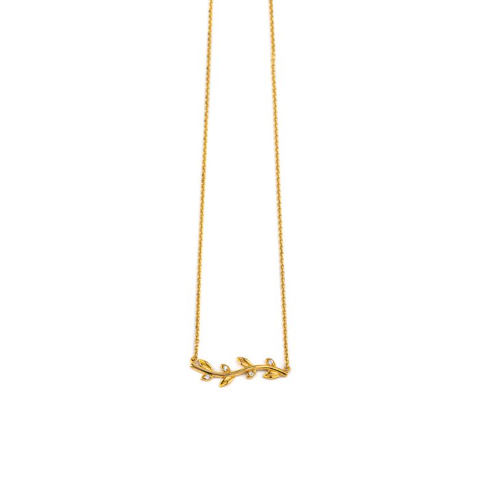 Leaf Necklace with Zircon - 14k Yellow Gold - Image 2