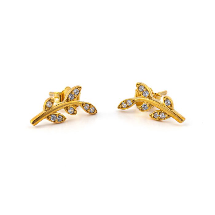 Leaf Earrings with Zircon – 14K Solid Yellow Gold - Image 1